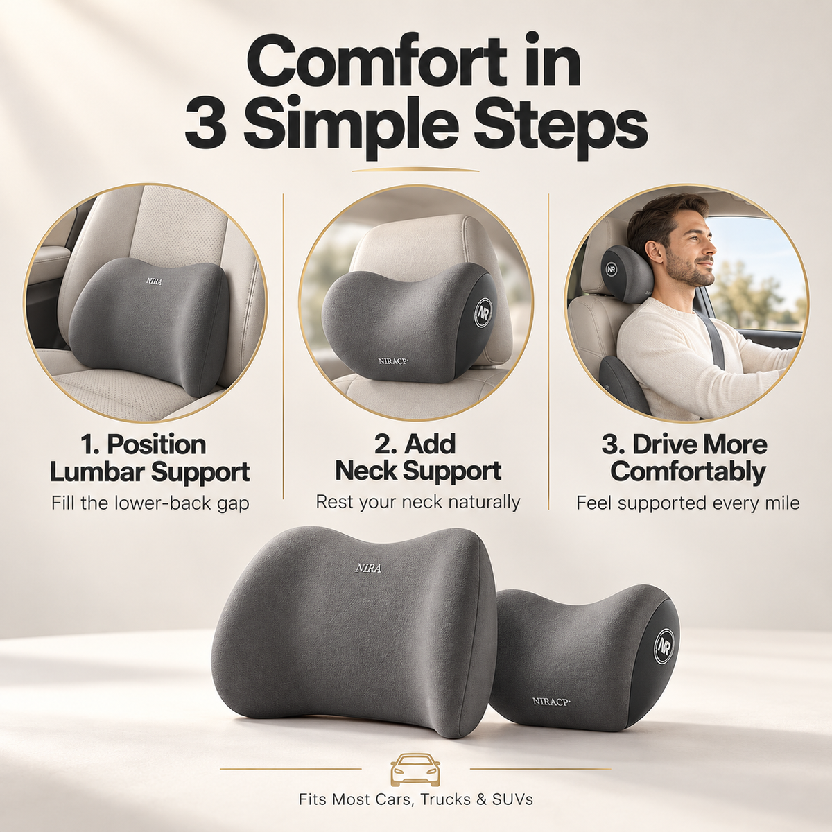 Three-step guide showing how to position the lumbar cushion and neck pillow in a car seat