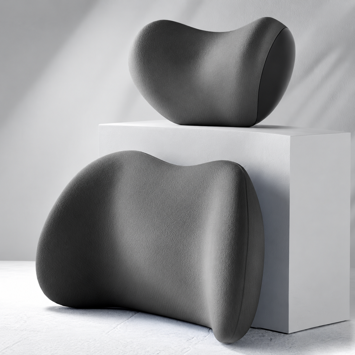 Charcoal gray lumbar support cushion and ergonomic neck pillow set