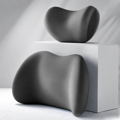 Charcoal gray lumbar support cushion and ergonomic neck pillow set