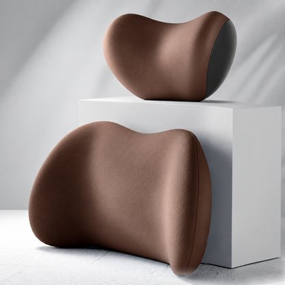 Coffee brown lumbar support cushion and matching neck pillow for car seats