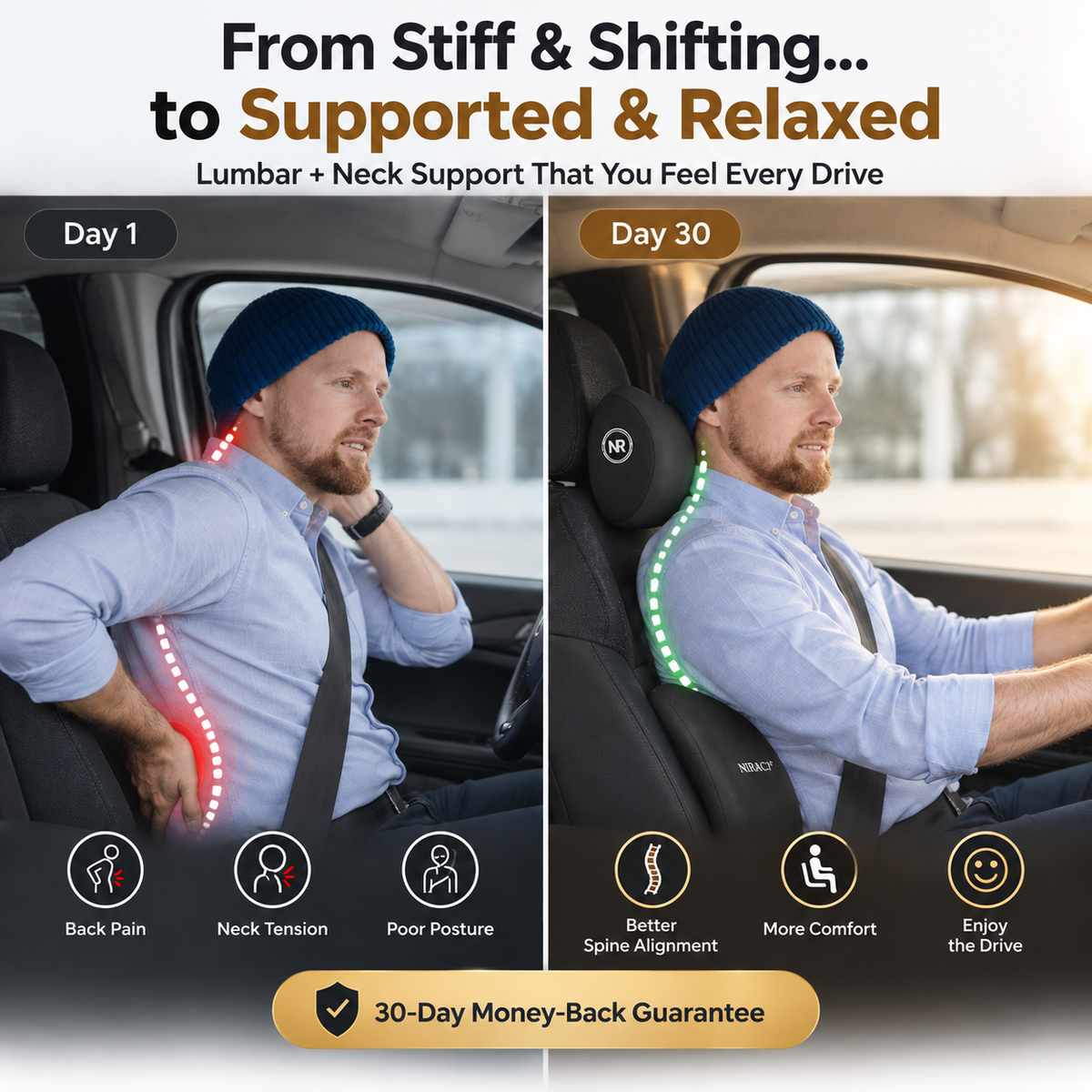 Before and after comparison showing driving posture with and without lumbar and neck support