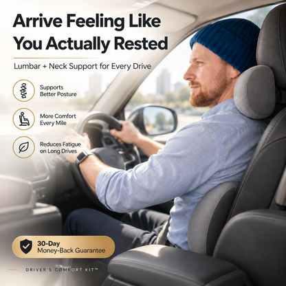 Driver using lumbar and neck support cushions for a more comfortable drive