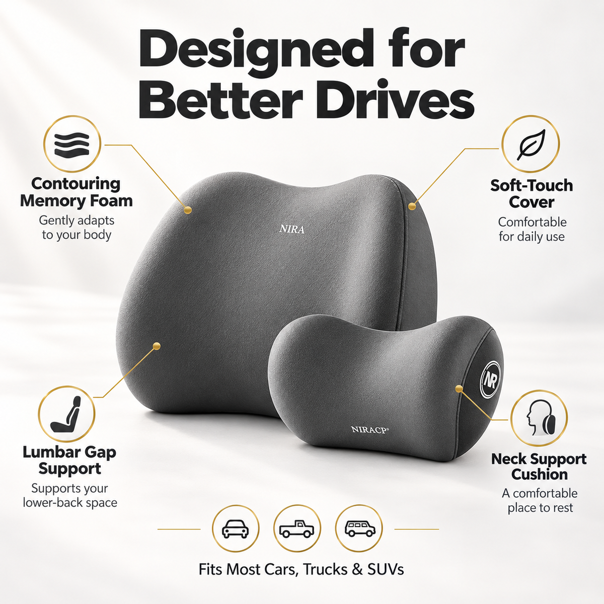 Driver’s Comfort Kit showing contouring memory foam, soft-touch cover, lumbar support and neck cushion