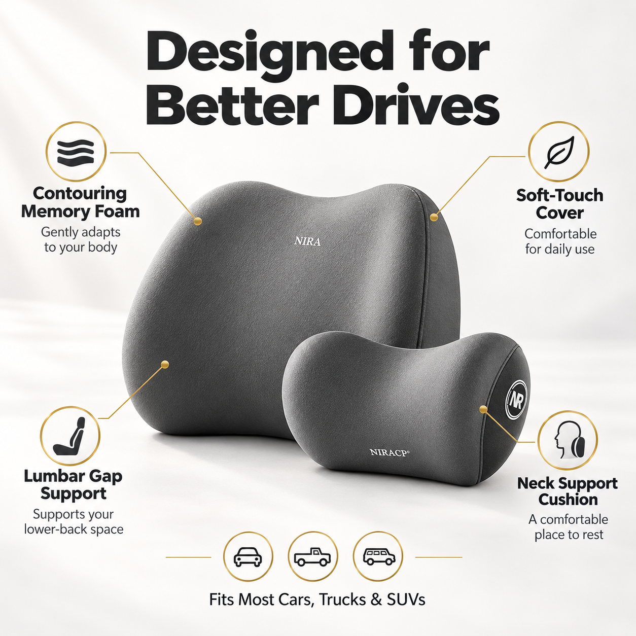 Driver’s Comfort Kit showing contouring memory foam, soft-touch cover, lumbar support and neck cushion
