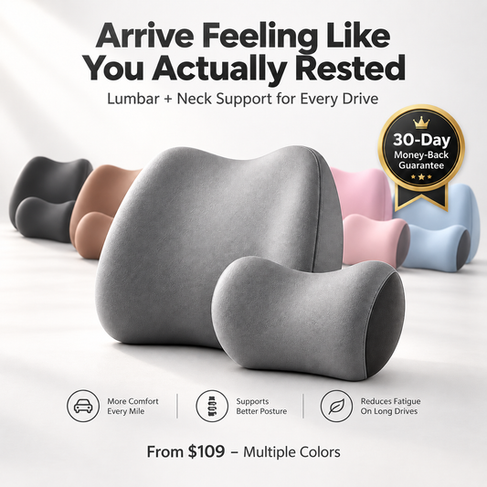 Driver’s Comfort Kit lumbar and neck support cushions in multiple colors