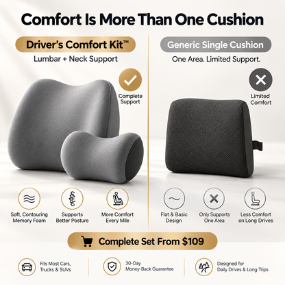 Driver’s Comfort Kit lumbar and neck support compared with a generic single car cushion