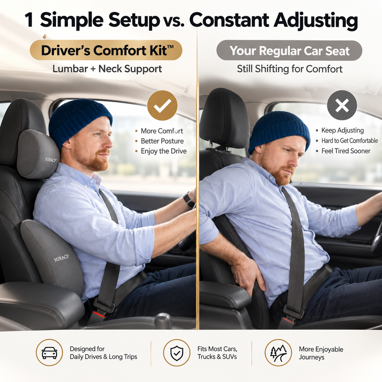 Comparison of the Driver’s Comfort Kit with a regular car seat for driving comfort and support