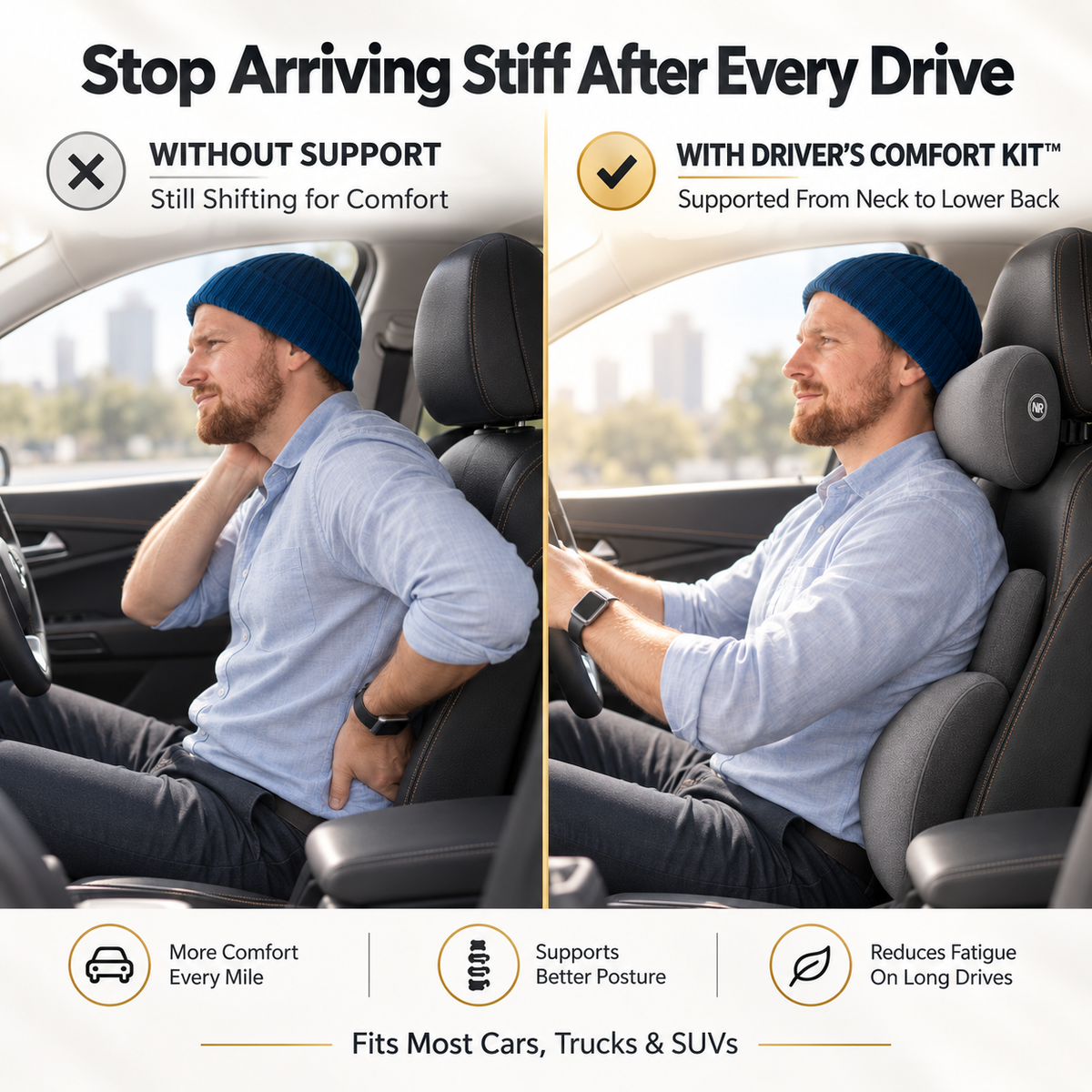 Driver comparison showing posture with and without the Driver’s Comfort Kit