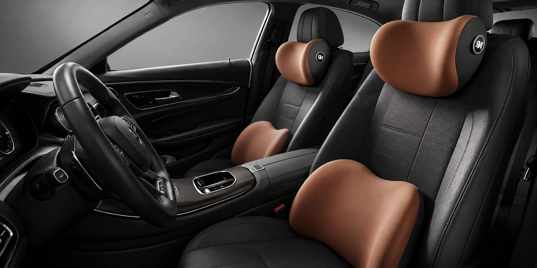 Oravia brown memory foam car headrest pillow and lumbar support cushion installed on black car seats